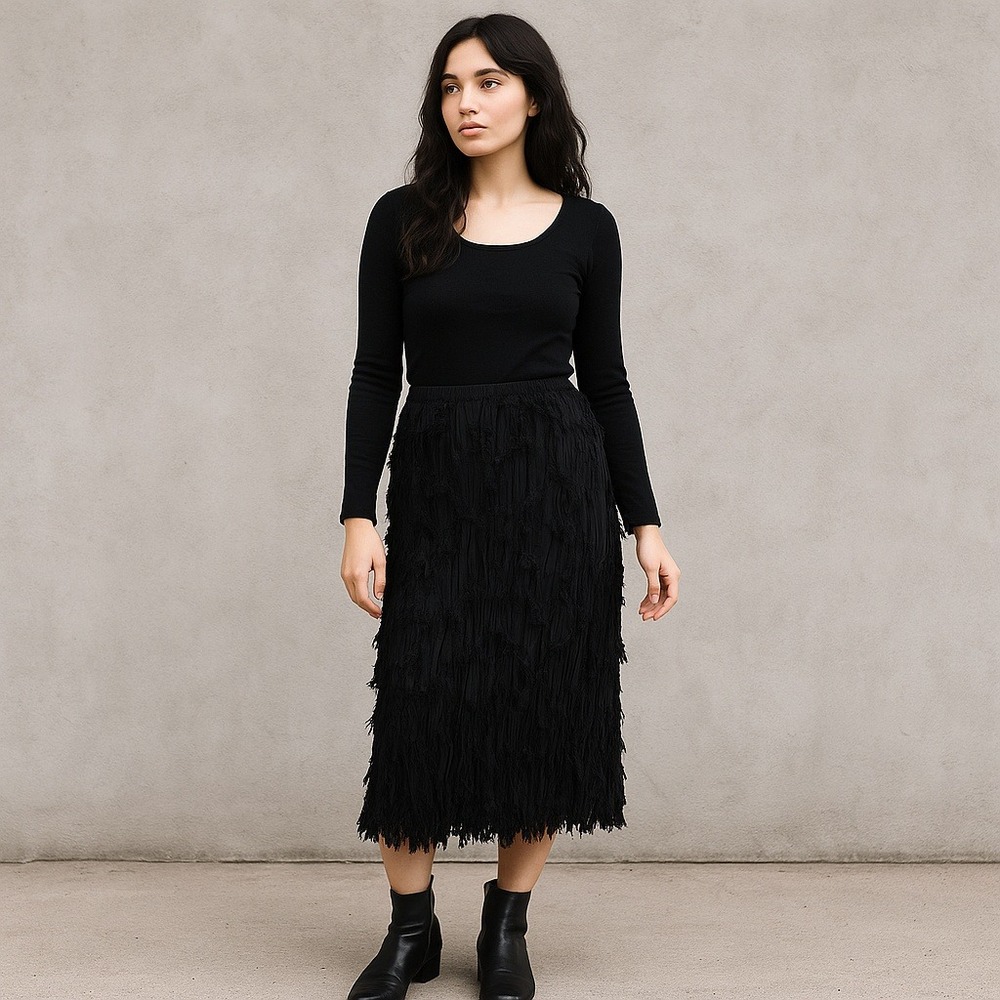 Simonton Says Black Textured Fringe Midi‎ Skirt Womens L Boho Chic Crinkle Poly